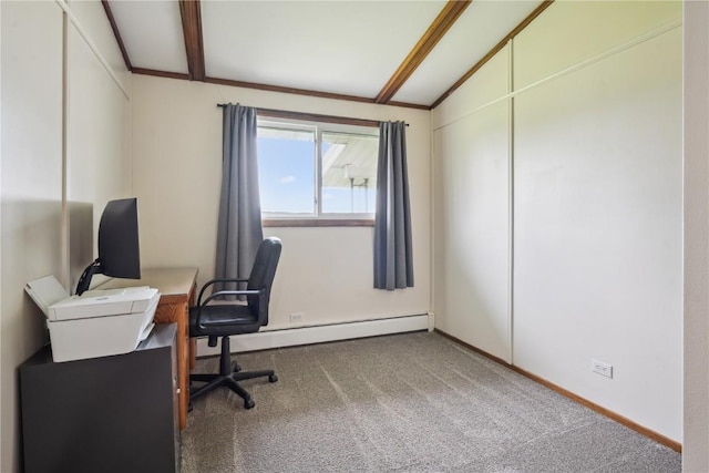 5995 32nd Ave, Shellsburg, IA 52332 - carpeted office space featuring lofted ceiling and a baseboard radiator