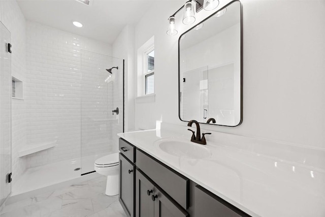 2682 Burr Oak Ct, Marion, IA 52302 - bathroom with vanity, a stall shower, marble look tile flooring, and recessed lighting