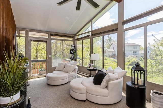 1932 N Ridge Dr, Coralville, IA 52241 - sunroom with a ceiling fan, healthy amount of natural light, vaulted ceiling, and a baseboard heating unit