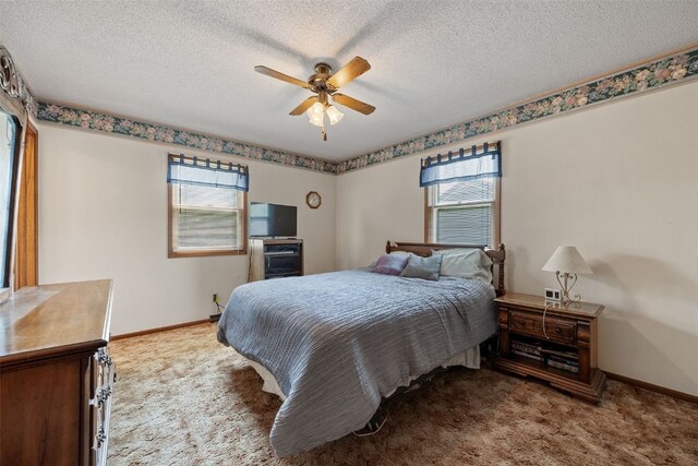 105 Parkview Dr, Tipton, IA 52772 - bedroom with carpet, multiple windows, a ceiling fan, and a textured ceiling