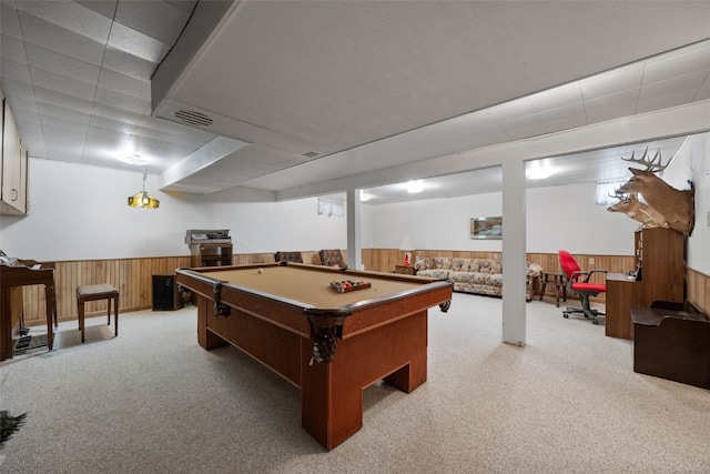 105 Parkview Dr, Tipton, IA 52772 - recreation room with wainscoting, wood walls, billiards table, and light colored carpet