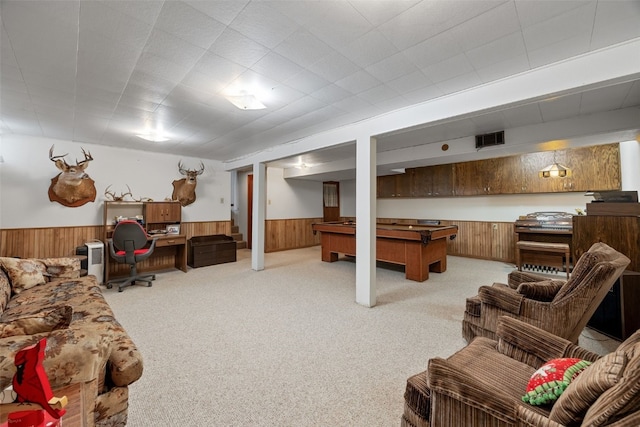 105 Parkview Dr, Tipton, IA 52772 - recreation room with wainscoting, wood walls, pool table, light carpet, and an office area