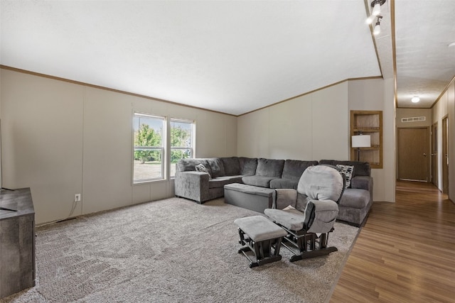 3017 118th St, Amana, IA 52203 - living room featuring ornamental molding, wood finished floors, and vaulted ceiling