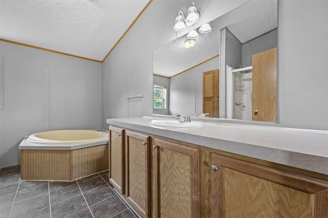 3017 118th St, Amana, IA 52203 - full bathroom featuring a textured ceiling, a garden tub, vanity, vaulted ceiling, and a shower