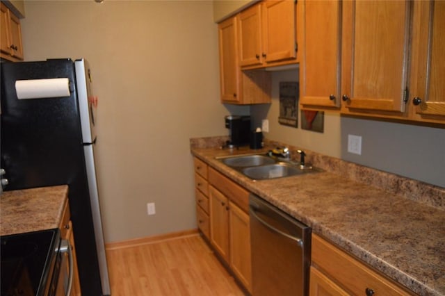 454 W Side Dr, Iowa City, IA 52245 - kitchen featuring dishwasher, electric range, light wood-style flooring, freestanding refrigerator, and brown cabinetry