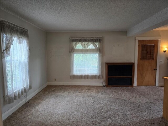 708 E 4th St, Vinton, IA 52349 - unfurnished living room featuring a textured ceiling, crown molding, and carpet flooring