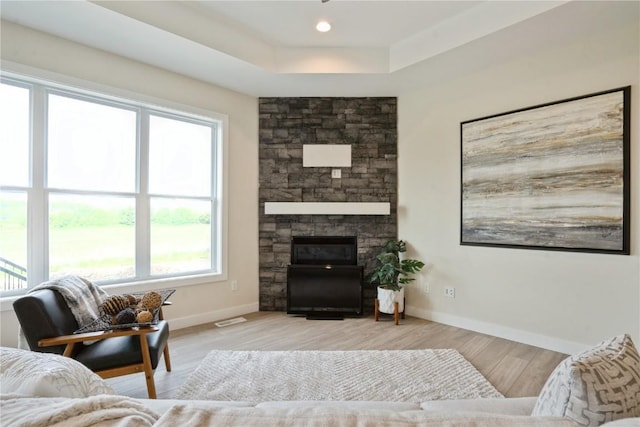 1417 Echo Ridge Ln, Marion, IA 52302 - living room featuring wood finished floors, a tray ceiling, and a stone fireplace