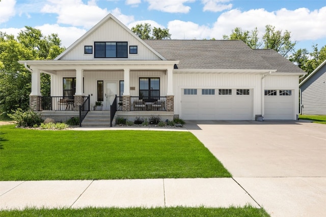 1153 Cedar Springs Dr, Marion, IA 52302 - modern inspired farmhouse with an attached garage, driveway, a front lawn, and a shingled roof