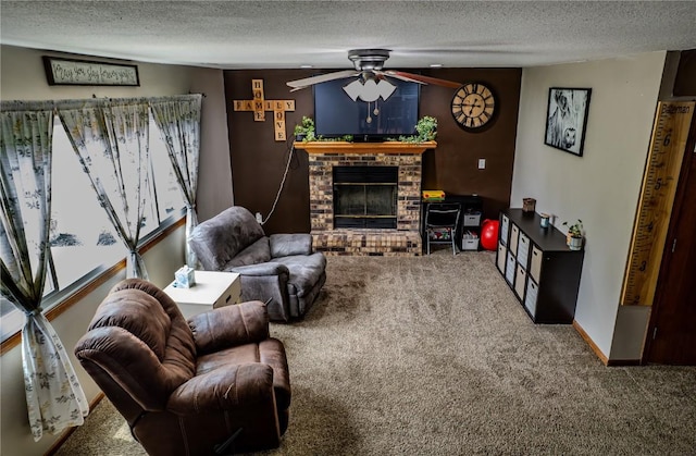 446 Bezdek Dr SW, Cedar Rapids, IA 52405 - living room with a textured ceiling, carpet flooring, a brick fireplace, and ceiling fan