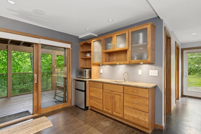 2520 NE Sugar Bottom Rd, Solon, IA 52333 - kitchen with refrigerator, dark wood finished floors, open shelves, stainless steel microwave, and recessed lighting