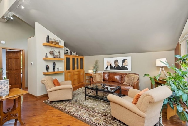 2520 NE Sugar Bottom Rd, Solon, IA 52333 - living area featuring lofted ceiling, wood finished floors, and track lighting