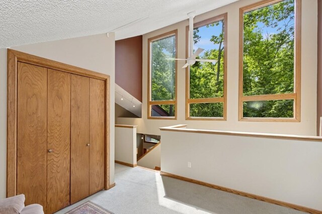 2520 NE Sugar Bottom Rd, Solon, IA 52333 - unfurnished living room with carpet floors, a textured ceiling, and a ceiling fan