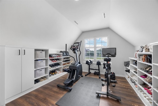 1574 Turkey Ridge Ct NW, Swisher, IA 52338 - exercise area featuring dark wood-style flooring and vaulted ceiling