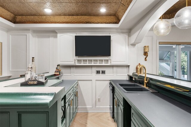 1574 Turkey Ridge Ct NW, Swisher, IA 52338 - kitchen featuring white cabinets, an ornate ceiling, decorative light fixtures, open shelves, and dark countertops