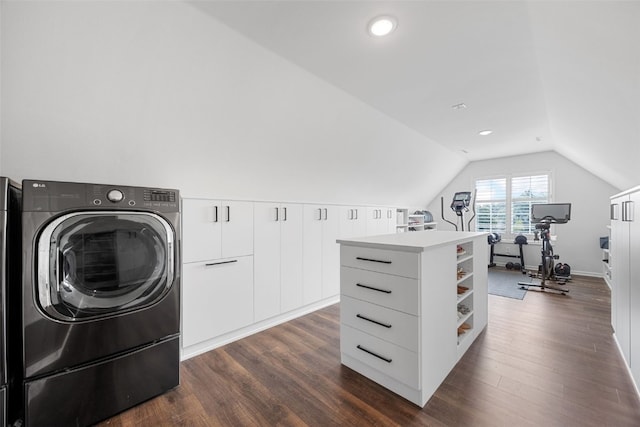 1574 Turkey Ridge Ct NW, Swisher, IA 52338 - laundry room featuring washer / dryer, cabinet space, dark wood finished floors, and recessed lighting