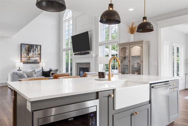 1574 Turkey Ridge Ct NW, Swisher, IA 52338 - kitchen featuring stainless steel appliances, light countertops, a glass covered fireplace, dark wood-style flooring, and a high ceiling