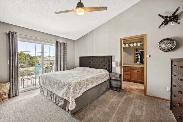 4131 Lakeview Dr SW, Cedar Rapids, IA 52404 - bedroom featuring light colored carpet, access to exterior, a textured ceiling, high vaulted ceiling, and ceiling fan
