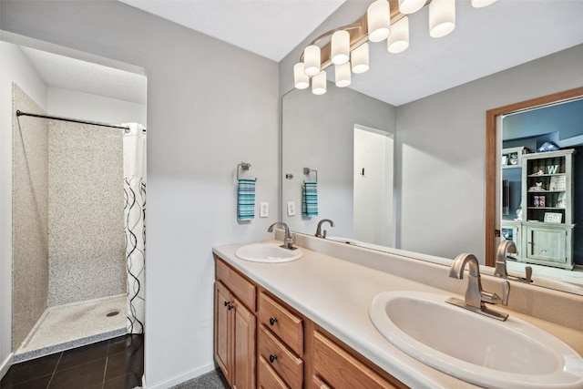4131 Lakeview Dr SW, Cedar Rapids, IA 52404 - bathroom with curtained shower, double vanity, and tile patterned floors