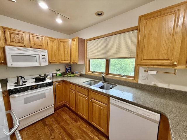 2208 Holiday Rd, Coralville, IA 52241 - kitchen with white appliances, track lighting, dark wood-style flooring, and light stone counters