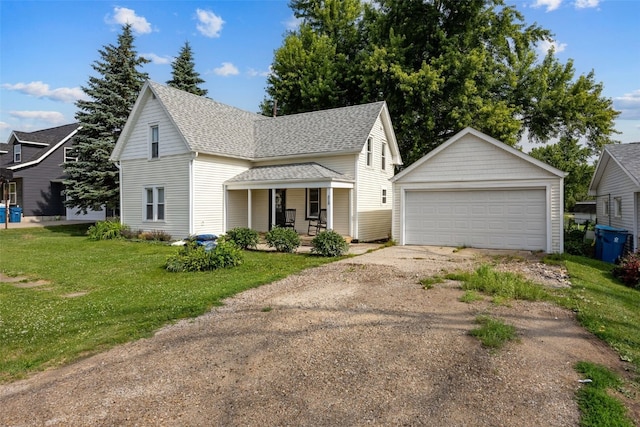 518 Main St, Fairfax, IA 52228 - traditional-style house featuring covered porch, a shingled roof, a front lawn, a detached garage, and an outdoor structure