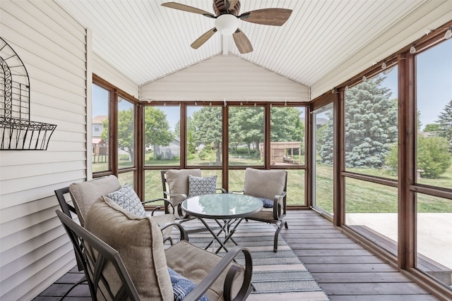 1865 Rock Island Dr, Ely, IA 52227 - sunroom / solarium with a ceiling fan, lofted ceiling, and plenty of natural light