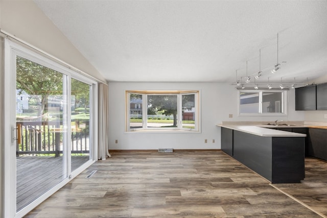 212 4th St SW, Mount Vernon, IA 52314 - kitchen featuring a peninsula, healthy amount of natural light, a textured ceiling, wood finished floors, and light countertops