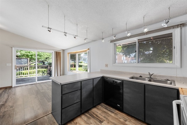 212 4th St SW, Mount Vernon, IA 52314 - kitchen with dishwasher, a textured ceiling, a peninsula, wood finished floors, and light countertops