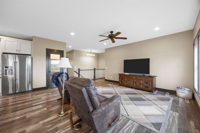3363 Southridge Dr, Amana, IA 52203 - living room with dark wood finished floors, ceiling fan, and recessed lighting