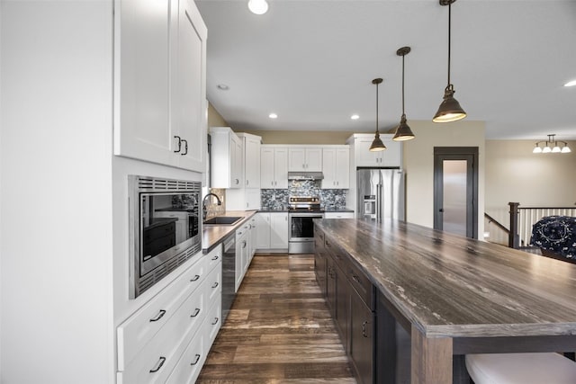 3363 Southridge Dr, Amana, IA 52203 - kitchen featuring stainless steel appliances, under cabinet range hood, a large island, decorative backsplash, and dark wood-style flooring