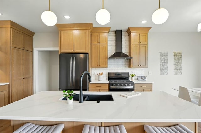 1002 Croell Ave, Tiffin, IA 52340 - kitchen featuring wall chimney exhaust hood, stainless steel appliances, a breakfast bar, backsplash, and pendant lighting