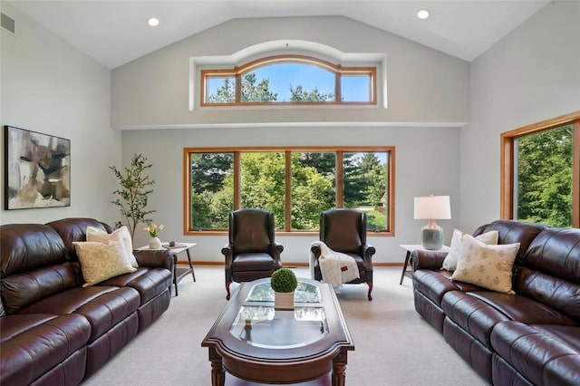 4317 Indian Tl NE, Solon, IA 52333 - living area with high vaulted ceiling, carpet floors, plenty of natural light, and recessed lighting
