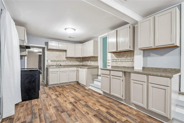 316 E Washington St, Center Point, IA 52213 - kitchen featuring tasteful backsplash, dark wood-style floors, white dishwasher, and under cabinet range hood