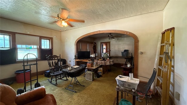 419 21st St NE, Cedar Rapids, IA 52402 - carpeted living room with a ceiling fan, a textured ceiling, and arched walkways