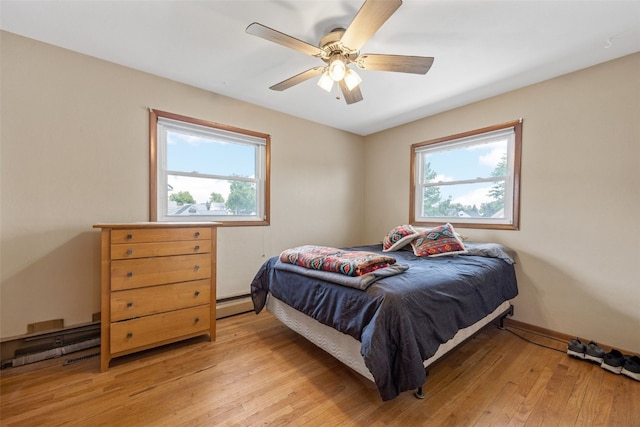 2469 1st St SW, Cedar Rapids, IA 52404 - bedroom featuring multiple windows, light wood-type flooring, a ceiling fan, and a baseboard radiator