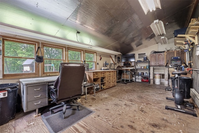 1428 Timber Ridge Trl NE, Solon, IA 52333 - office with lofted ceiling, wood finished floors, and a workshop area