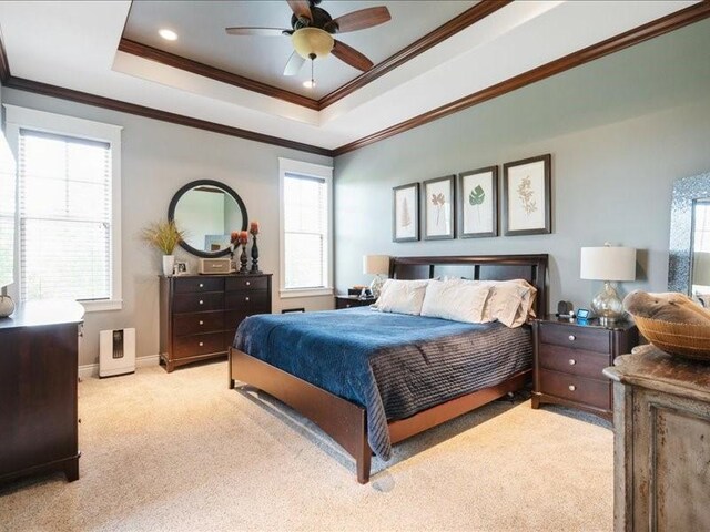 4390 Flagstick Dr, Marion, IA 52302 - carpeted bedroom with multiple windows, crown molding, a tray ceiling, and ceiling fan