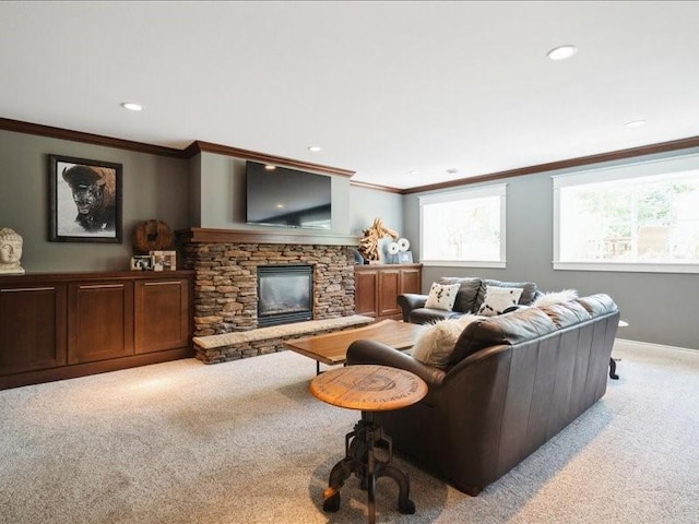 4390 Flagstick Dr, Marion, IA 52302 - living room featuring light colored carpet, a fireplace, recessed lighting, and ornamental molding