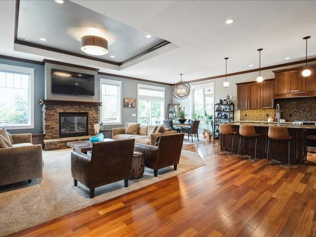 4390 Flagstick Dr, Marion, IA 52302 - living area with ornamental molding, wood finished floors, plenty of natural light, a stone fireplace, and a tray ceiling