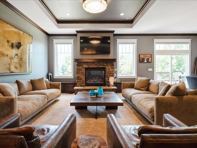 4390 Flagstick Dr, Marion, IA 52302 - living room with ornamental molding, a tray ceiling, a stone fireplace, and carpet