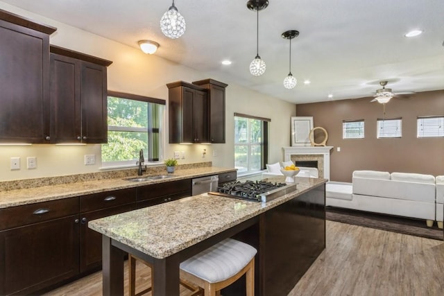 3076 Lower W Branch Rd, Iowa City, IA 52245 - kitchen with open floor plan, stainless steel appliances, light wood-style floors, dark brown cabinetry, and a center island