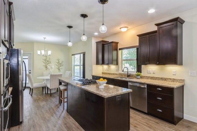3076 Lower W Branch Rd, Iowa City, IA 52245 - kitchen with stainless steel appliances, light wood-type flooring, healthy amount of natural light, and dark brown cabinetry