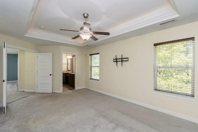 3076 Lower W Branch Rd, Iowa City, IA 52245 - unfurnished bedroom with a raised ceiling, light carpet, ensuite bathroom, and a ceiling fan