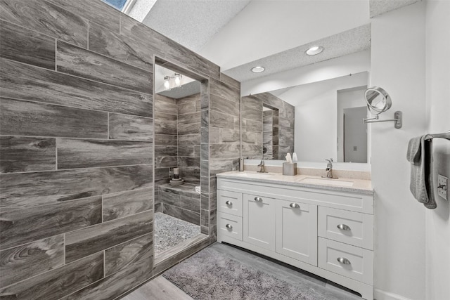 2060 Holiday Rd, Coralville, IA 52241 - full bath with double vanity, walk in shower, vaulted ceiling, and a textured ceiling