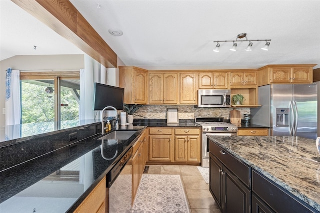 3496 E Otter Rd, Marion, IA 52302 - kitchen with appliances with stainless steel finishes, dark stone countertops, tasteful backsplash, light tile patterned floors, and open shelves