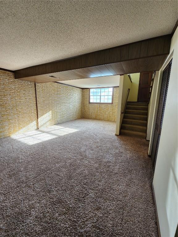 339 Fleetwood Rd SW, Cedar Rapids, IA 52404 - below grade area with carpet floors, stairway, and a textured ceiling