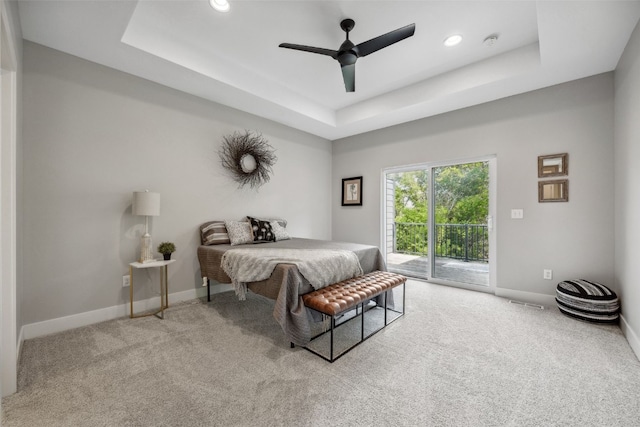 19 Pond Rdg, Coralville, IA 52241 - bedroom featuring access to exterior, a raised ceiling, carpet floors, recessed lighting, and ceiling fan