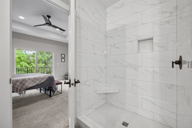 19 Pond Rdg, Coralville, IA 52241 - full bathroom featuring connected bathroom, tiled shower, a ceiling fan, and recessed lighting