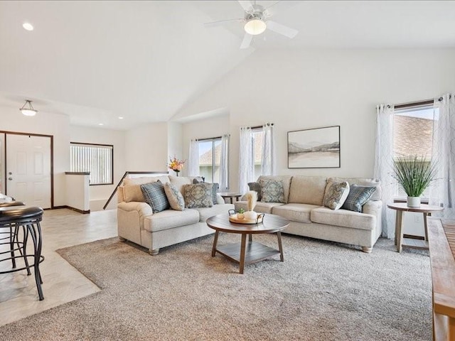 3602 Bluebird Dr SW, Cedar Rapids, IA 52404 - living area featuring high vaulted ceiling and ceiling fan
