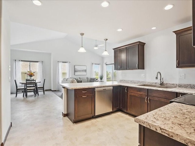 3602 Bluebird Dr SW, Cedar Rapids, IA 52404 - kitchen featuring stainless steel dishwasher, dark brown cabinets, vaulted ceiling, a peninsula, and light countertops