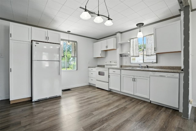 1635 Keith Dr NE, Cedar Rapids, IA 52402 - kitchen featuring white appliances, white cabinetry, dark wood-style floors, decorative light fixtures, and open shelves